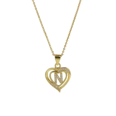 Women Fashion 18k Brass Rhinestone Heart-Shape 26 Alphabet Pendant Necklace