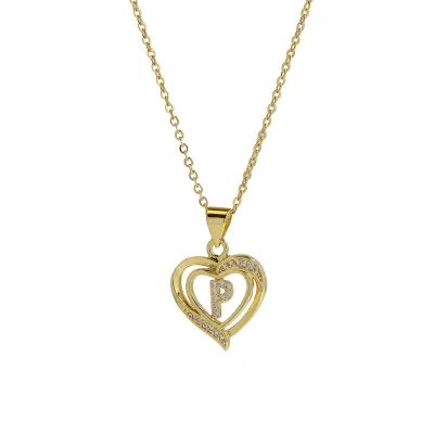 Women Fashion 18k Brass Rhinestone Heart-Shape 26 Alphabet Pendant Necklace