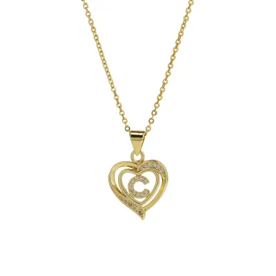 Women Fashion 18k Brass Rhinestone Heart-Shape 26 Alphabet Pendant Necklace
