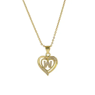 Women Fashion 18k Brass Rhinestone Heart-Shape 26 Alphabet Pendant Necklace