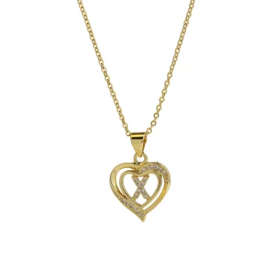 Women Fashion 18k Brass Rhinestone Heart-Shape 26 Alphabet Pendant Necklace