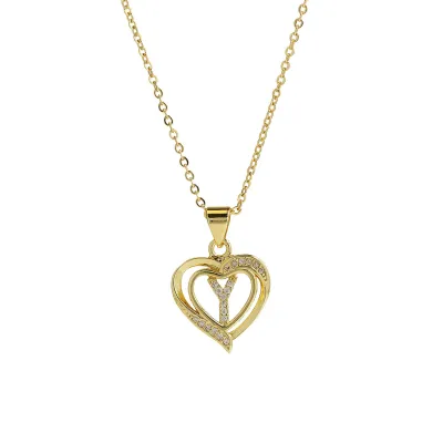 Women Fashion 18k Brass Rhinestone Heart-Shape 26 Alphabet Pendant Necklace