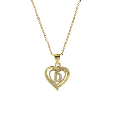 Women Fashion 18k Brass Rhinestone Heart-Shape 26 Alphabet Pendant Necklace