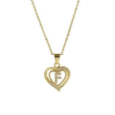 Women Fashion 18k Brass Rhinestone Heart-Shape 26 Alphabet Pendant Necklace