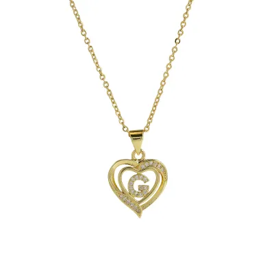 Women Fashion 18k Brass Rhinestone Heart-Shape 26 Alphabet Pendant Necklace