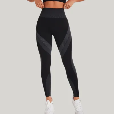 Women Contrast Color Stripe High Waist Nylon Sports Leggings