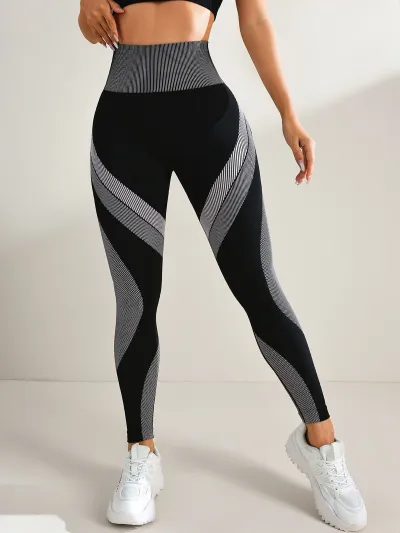 Women Contrast Color Stripe High Waist Nylon Sports Leggings