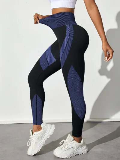 Women Contrast Color Stripe High Waist Nylon Sports Leggings