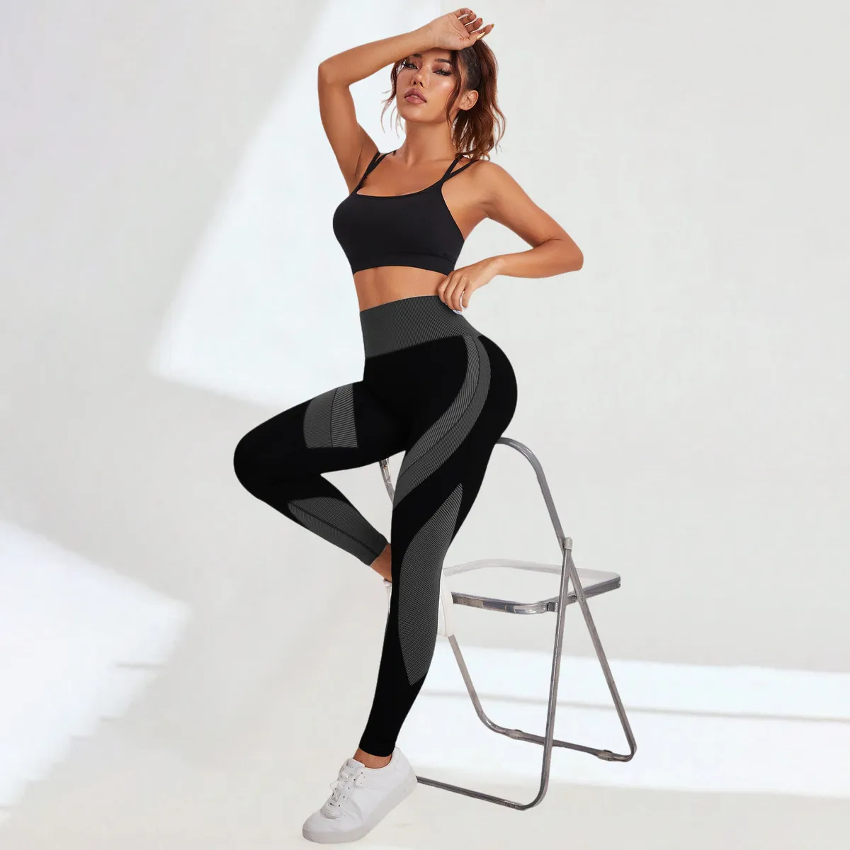 Women Contrast Color Stripe High Waist Nylon Sports Leggings
