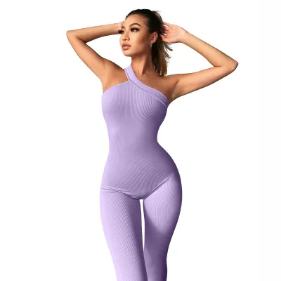 Women Sexy Solid Color Slanted Shoulder Sleeveless Yoga Sports Jumpsuit