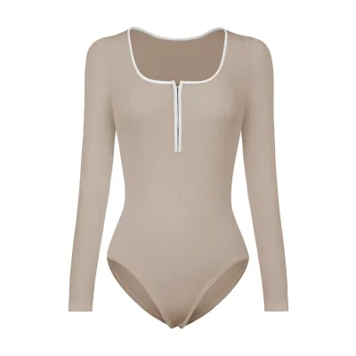 Women Contrast Color Square Collar Threaded Slim-Fit Long-Sleeve Bodysuit