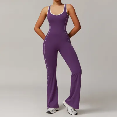 Women Yoga Contrast Stitching Backless Sports Jumpsuits