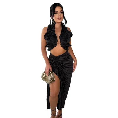 Women Fashion Sexy Solid Color Ruffled Sleeveless Halter-Neck Crop Top Split Skirt Two-Piece Set