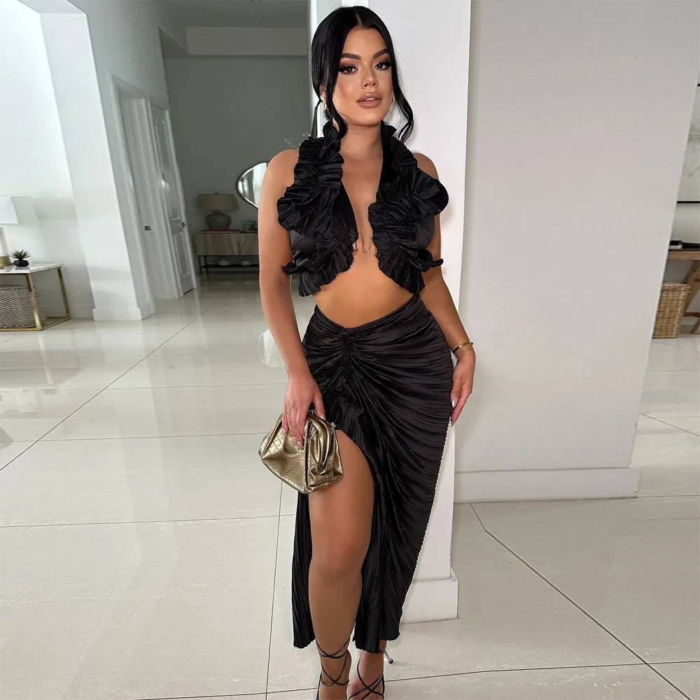 Women Fashion Sexy Solid Color Ruffled Sleeveless Halter-Neck Crop Top Split Skirt Two-Piece Set