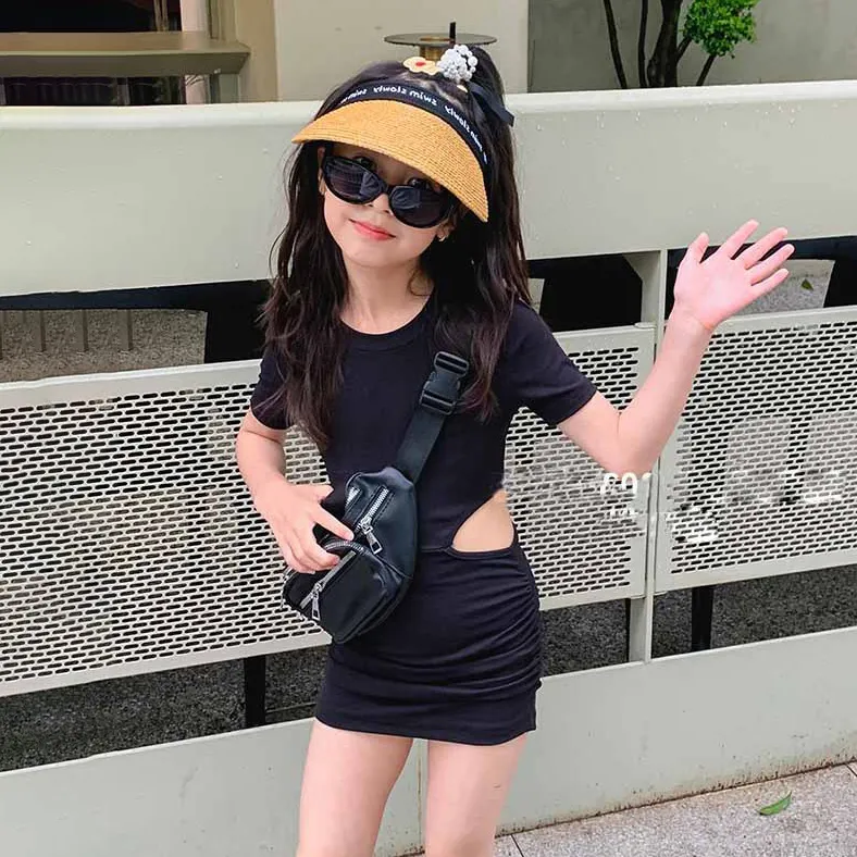 Girls' Fashion Solid Color Short-Sleeve Hollow-Out Slim-Fit Cotton Dress