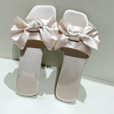 Women Fashionable Office Satin Bowknot Square-Toe Flat Slippers Plus Size