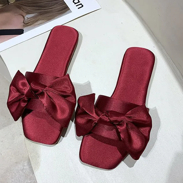 Women Fashionable Office Satin Bowknot Square-Toe Flat Slippers Plus Size