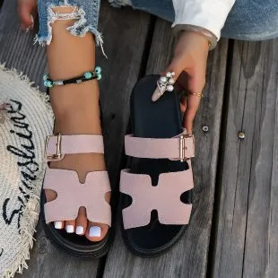 Women Fashion Casual Solid Color Buckle Platform Slippers Slip On