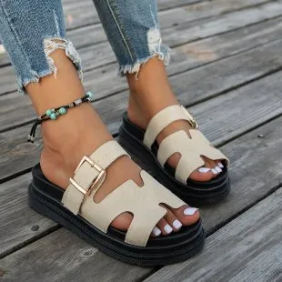 Women Fashion Casual Solid Color Buckle Platform Slippers Slip On