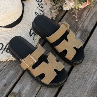 Women Fashion Casual Solid Color Buckle Platform Slippers Slip On