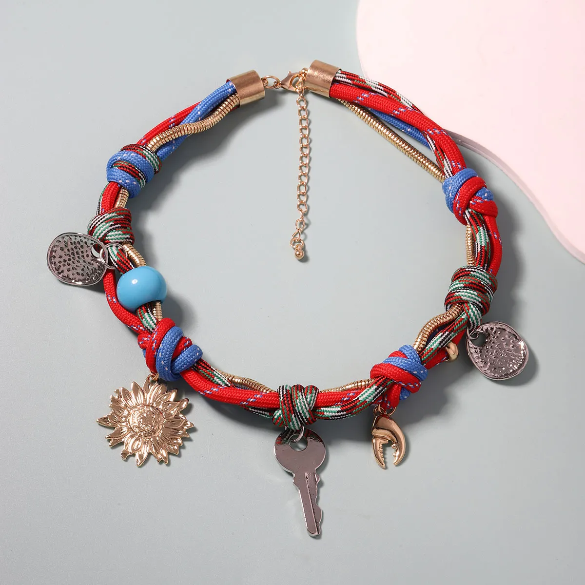 Women Fashion Personalized Multi-Accessories Alloy Pendant Woven Rope Geometric Necklace