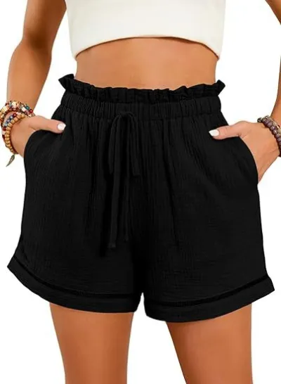 Women Casual Solid Color High Waist Lace-Up Wide-Leg Shorts
