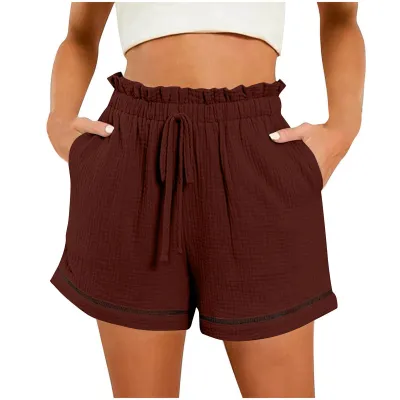 Women Casual Solid Color High Waist Lace-Up Wide-Leg Shorts
