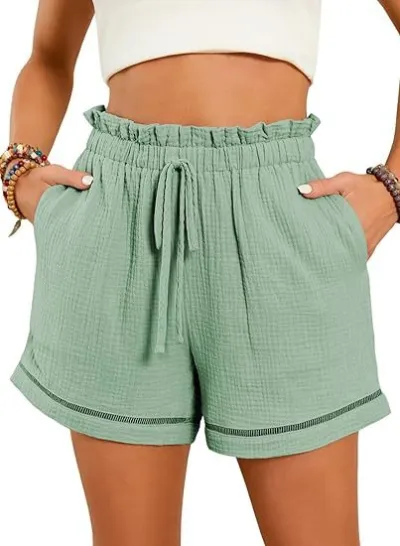 Women Casual Solid Color High Waist Lace-Up Wide-Leg Shorts