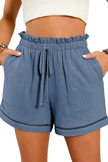 Women Casual Solid Color High Waist Lace-Up Wide-Leg Shorts