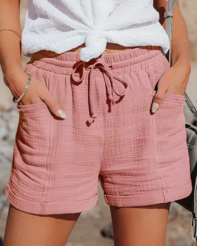 Vacation Women's Casual High Waist Lace-Up Wide-Leg Shorts in Cotton Linen Blend