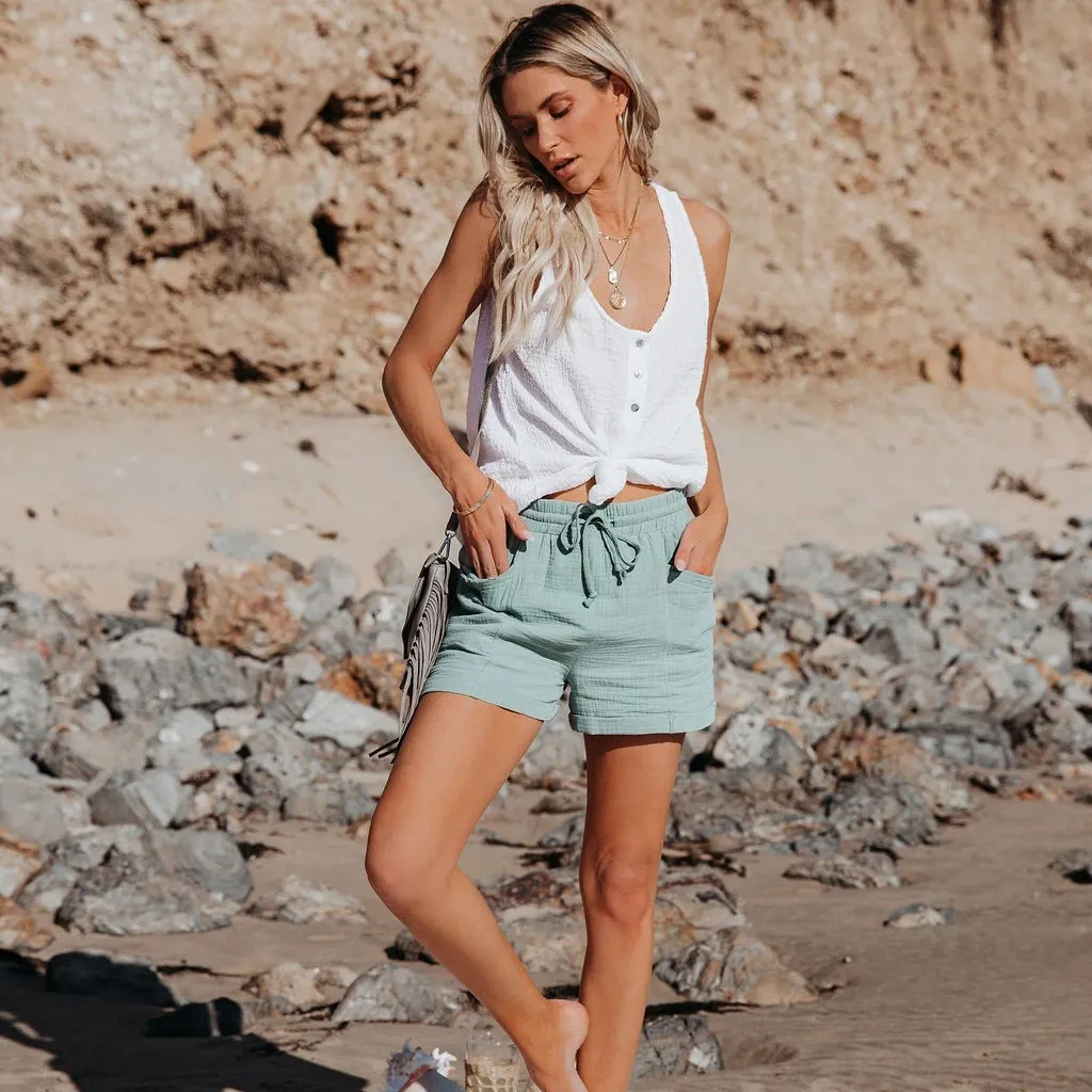 Vacation Women's Casual High Waist Lace-Up Wide-Leg Shorts in Cotton Linen Blend