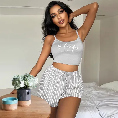 Women Sexy Letter Printed Camisole Loose Stripe Drawstring Shorts Pajamas Two-Piece Set