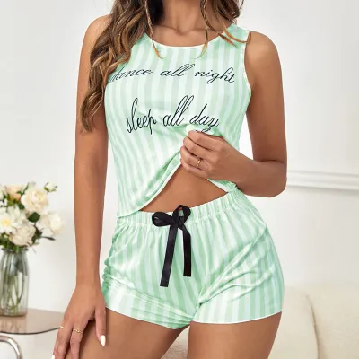Women Casual Letter Printed Stripe Tank Top Slim Fit Shorts Pajamas Set