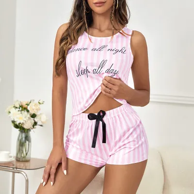 Women Casual Letter Printed Stripe Tank Top Slim Fit Shorts Pajamas Set