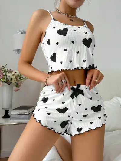 Women's Casual Love Print Camisole Loose Shorts Pajama Set