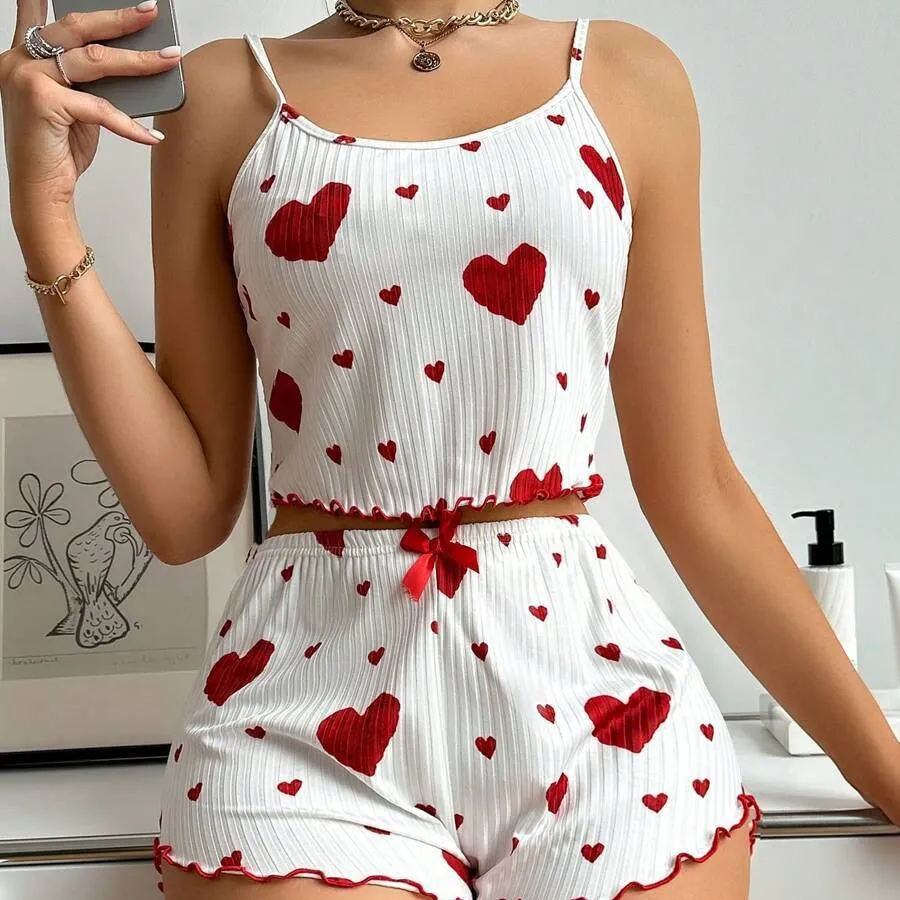 Women's Casual Love Print Camisole Loose Shorts Pajama Set