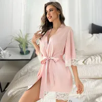 Women Sexy Color Blocking Lace Patchwork Satin Stripe Pajamas Set