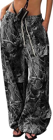 Women Casual Camouflage Printed Wide Leg Pants with Elastic Waist