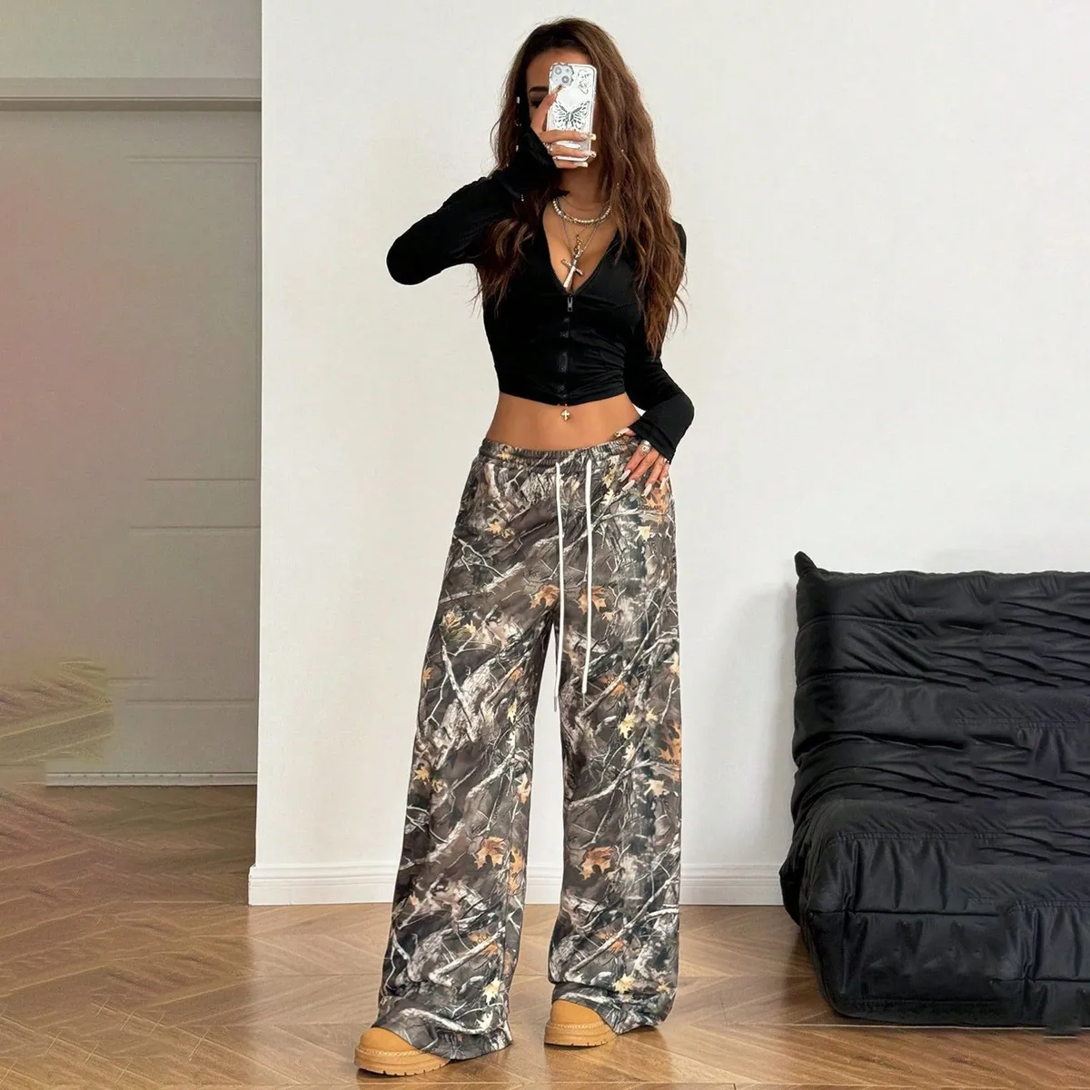Women Casual Camouflage Printed Wide Leg Pants with Elastic Waist