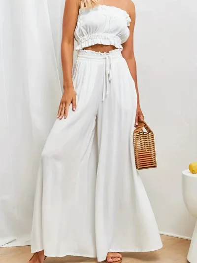 Women Casual Loose Solid Color Drawstring High-Waist Wide Leg Culottes Pants