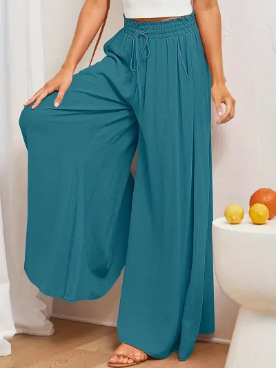 Women Casual Loose Solid Color Drawstring High-Waist Wide Leg Culottes Pants