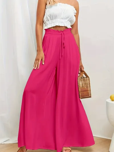Women Casual Loose Solid Color Drawstring High-Waist Wide Leg Culottes Pants
