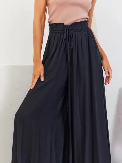 Women Casual Loose Solid Color Drawstring High-Waist Wide Leg Culottes Pants