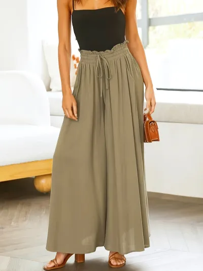 Women Casual Loose Solid Color Drawstring High-Waist Wide Leg Culottes Pants