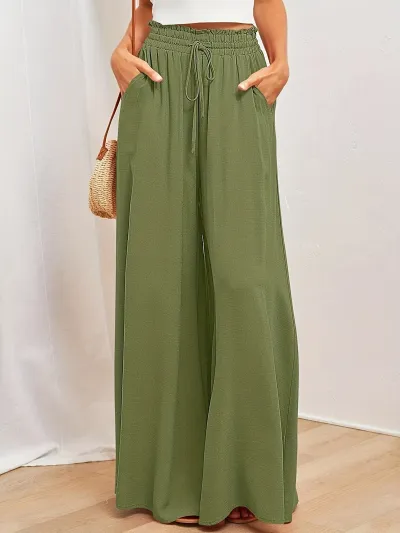 Women Casual Loose Solid Color Drawstring High-Waist Wide Leg Culottes Pants