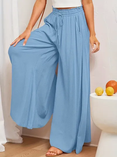 Women Casual Loose Solid Color Drawstring High-Waist Wide Leg Culottes Pants