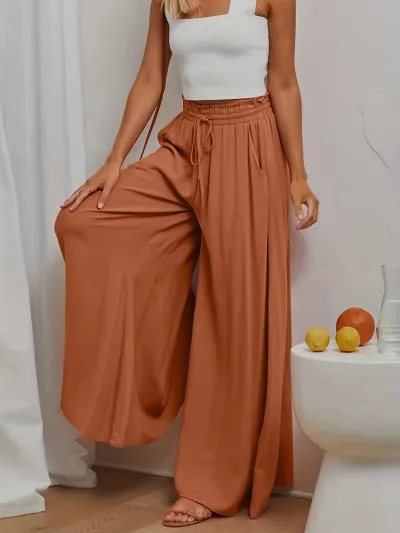 Women Casual Loose Solid Color Drawstring High-Waist Wide Leg Culottes Pants