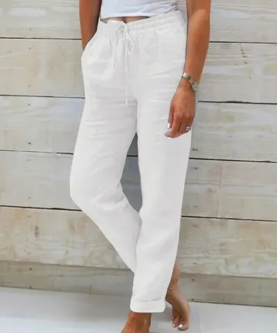 Women Casual Solid Color Cotton And Linen High-Waist Lace-Up Cropped Pants