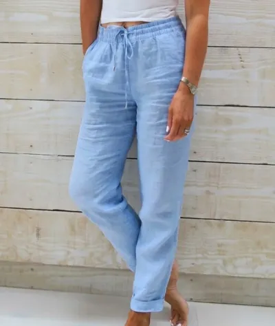 Women Casual Solid Color Cotton And Linen High-Waist Lace-Up Cropped Pants