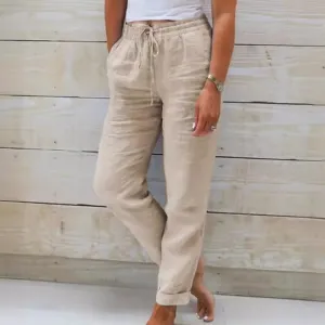 Women Casual Solid Color Cotton And Linen High-Waist Lace-Up Cropped Pants